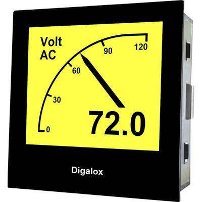 'Digitale voltmeter toont wisselspanning. Schaal tot 120 volt, huidige waarde: 72 volt. Fabrikant: Digalox.'