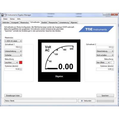 Schermafbeelding van een softwareprogramma voor het configureren van meetapparatuur. Hoofdweergave toont 'Volt AC 0,00'. Verschillende menu-opties bovenaan.