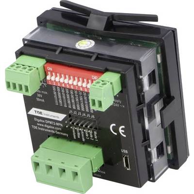 Een zwart elektronisch meetapparaat met verschillende groene aansluitklemmen, labels en een kleine USB-aansluiting onderaan.