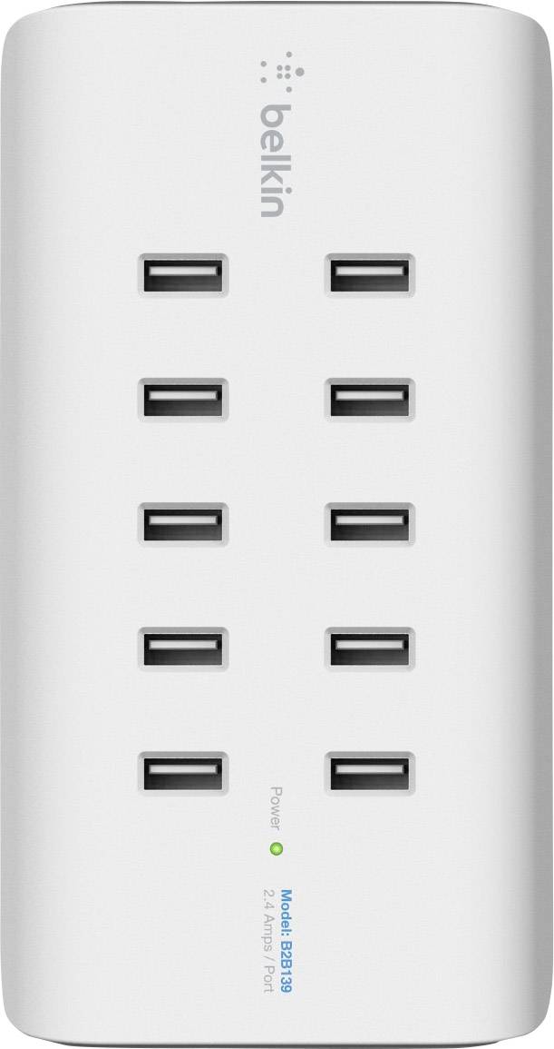 Een wit USB-oplaadstation van Belkin met tien USB-poorten, geschikt voor het gelijktijdig opladen van meerdere apparaten.