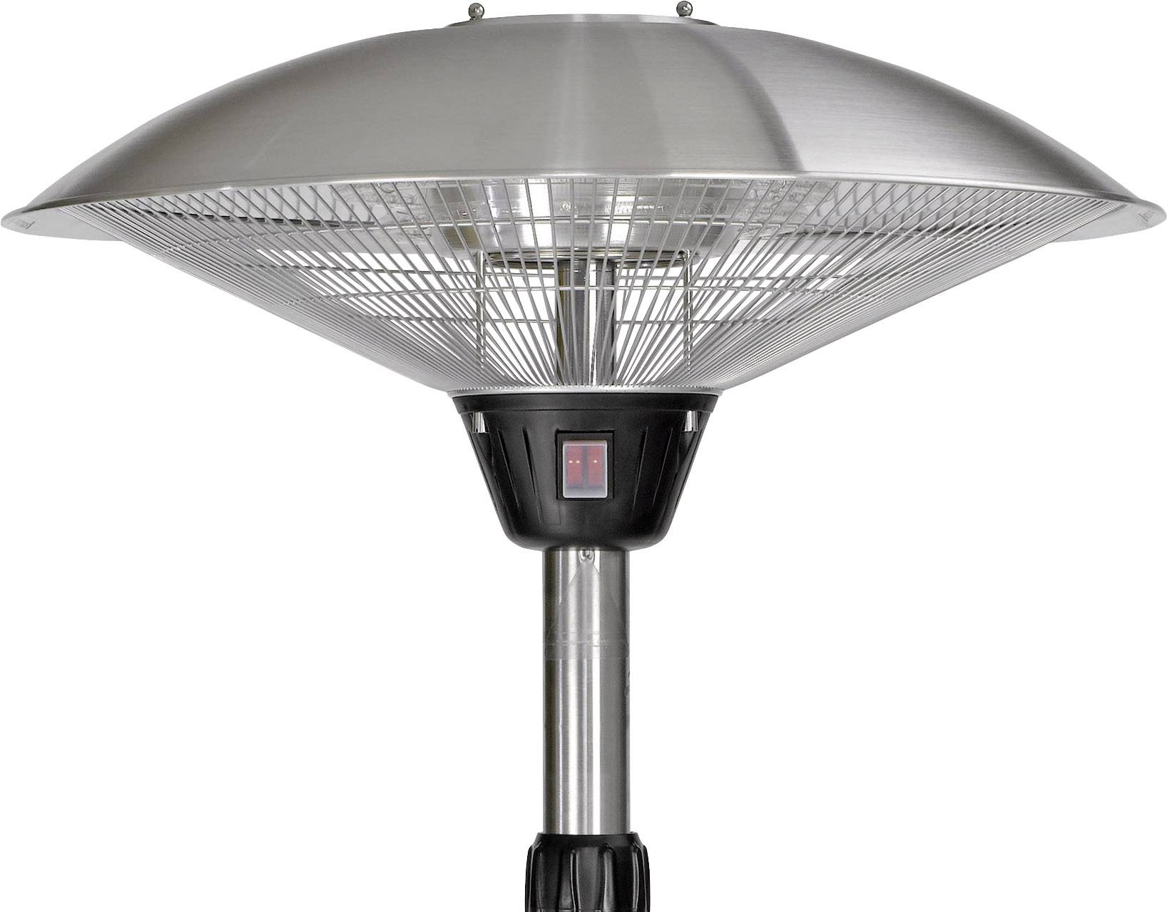 Tuinverwarming in roestvrijstaal-look met een ronde reflectorscherm en zwarte voet, geschikt voor buitenruimtes om warmte te genereren.