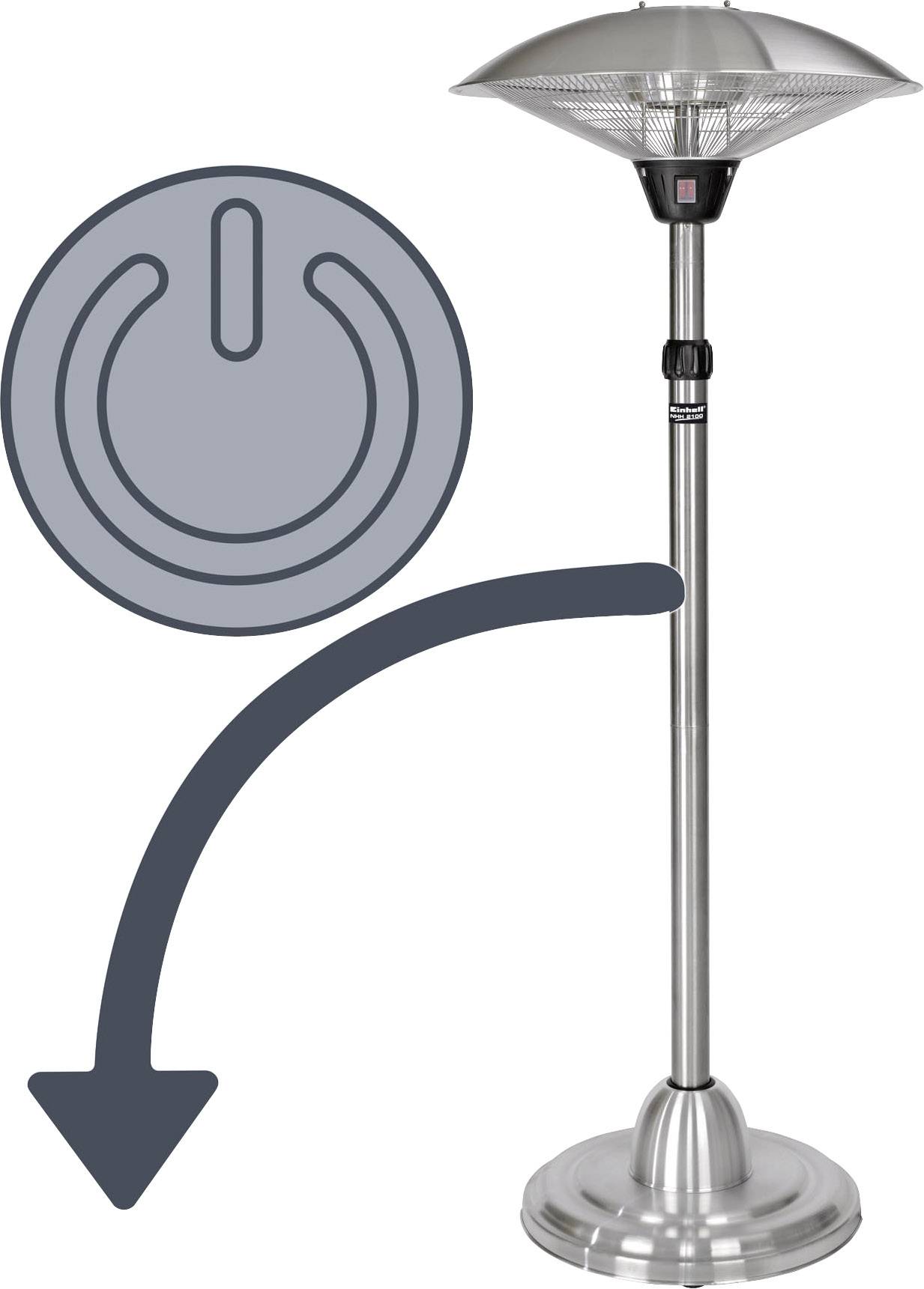 Elektrische verwarmingsstraler van metaal, staand op een dunne standaard met een ronde voet. Naast het apparaat bevindt zich een groot aan/uit-symbool dat de werking aangeeft.