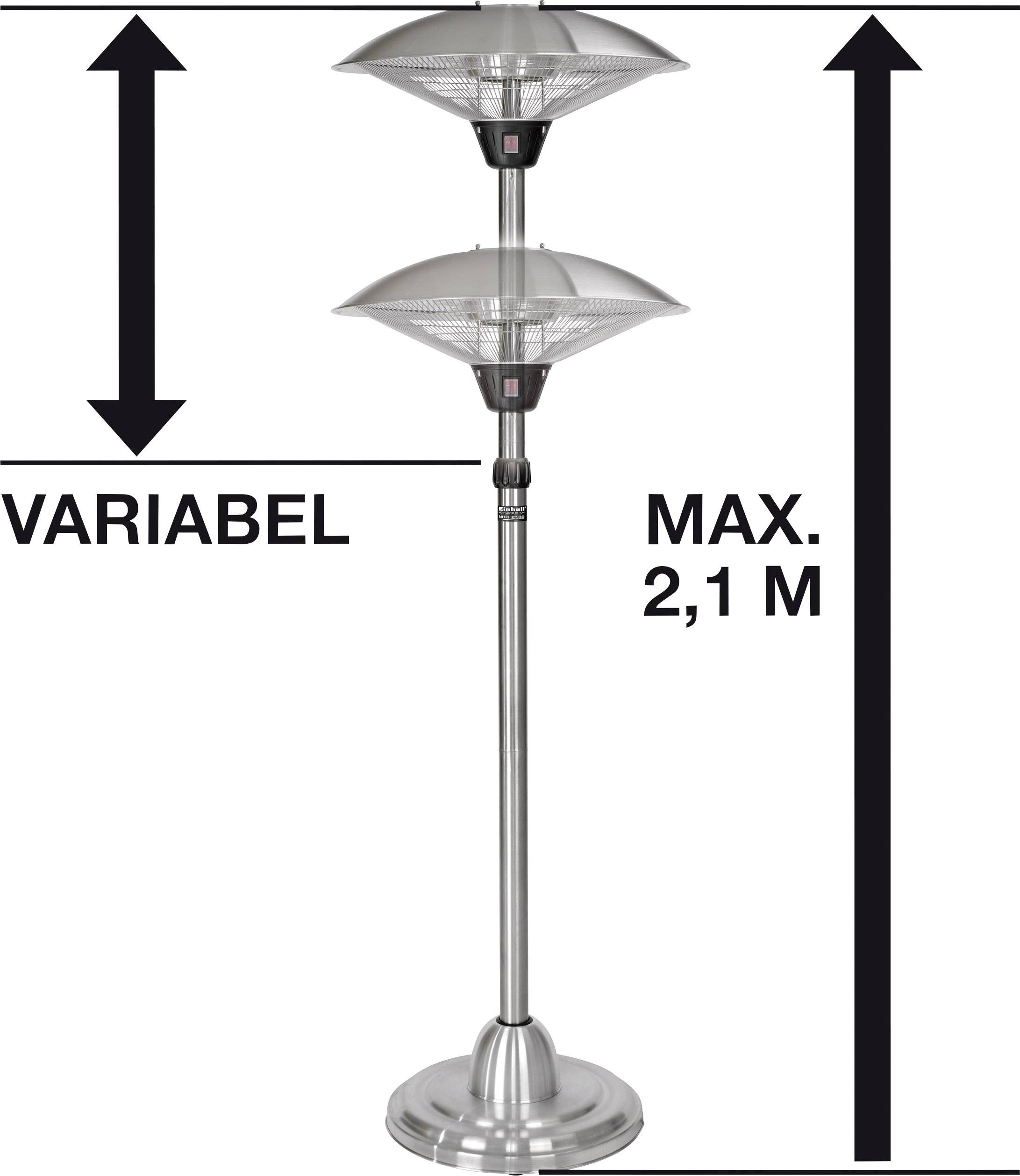 Verstelbare verwarmingsstraler met twee reflectoren, maximale hoogte 2,1 m, geschikt voor gebruik buitenshuis.
