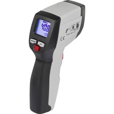 Een infrarood-temperatuurmeetapparaat met digitaal display toont temperatuur aan. Het apparaat is handzaam, grijs en zwart, met een blauwe weergave.