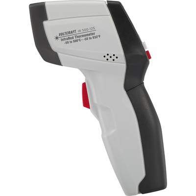 Handpalm-infrarood-thermometer in grijs en zwart met rode trekker, digitaal displaybereik bovenaan, geschikt voor temperatuurmetingen tot 500°C.