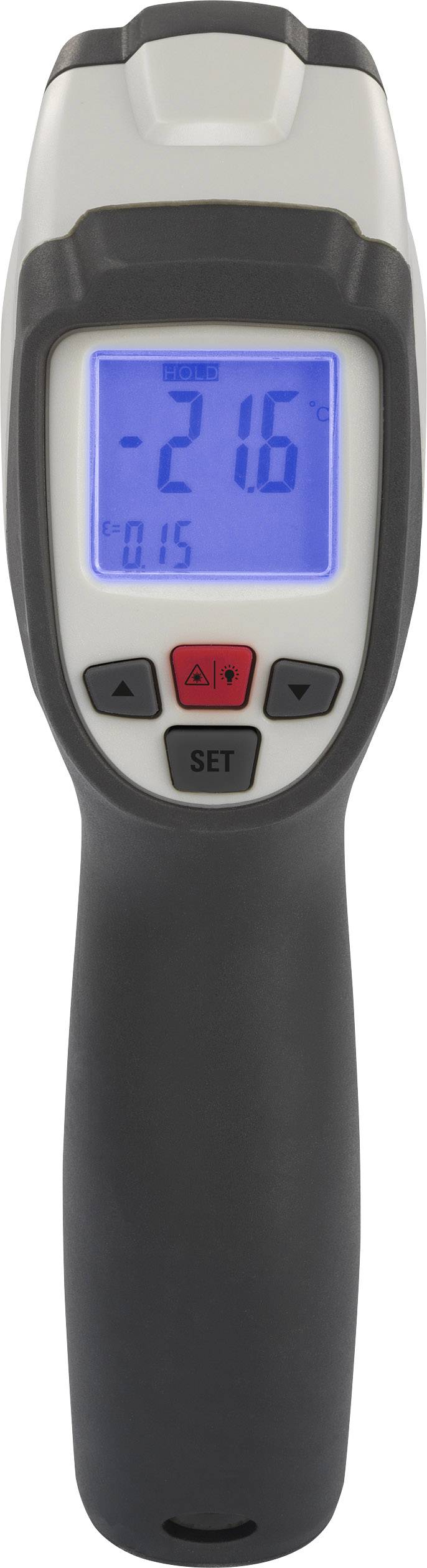 Infrarood-thermometer met digitaal display. Het scherm toont '-21,6' graden. Handapparaat met zwarte greep en drie toetsen.