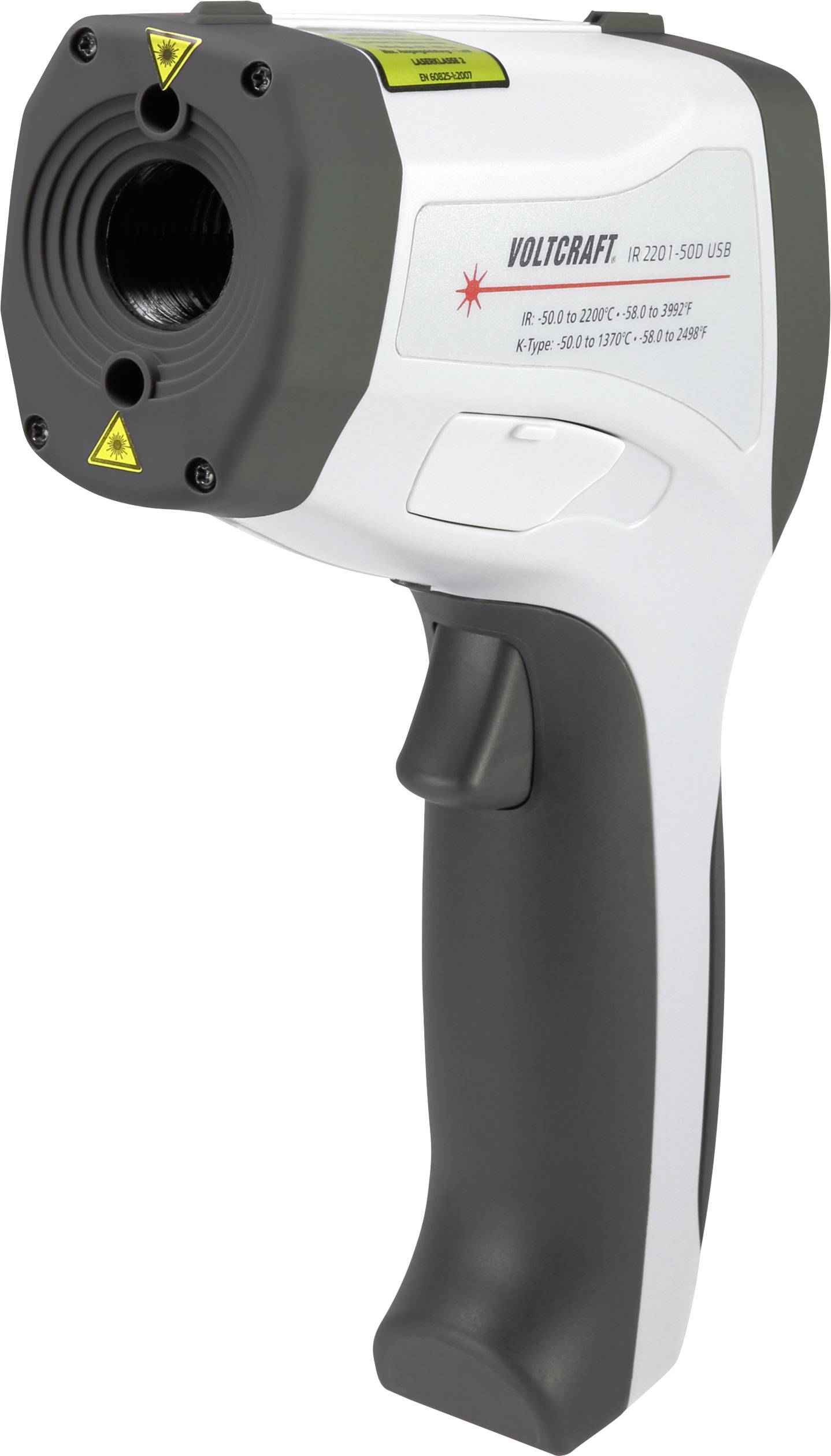 Infrarood-thermometer met display en ergonomische handgreep, merknaam zichtbaar. Meet temperaturen contactloos door middel van een laserstraal.