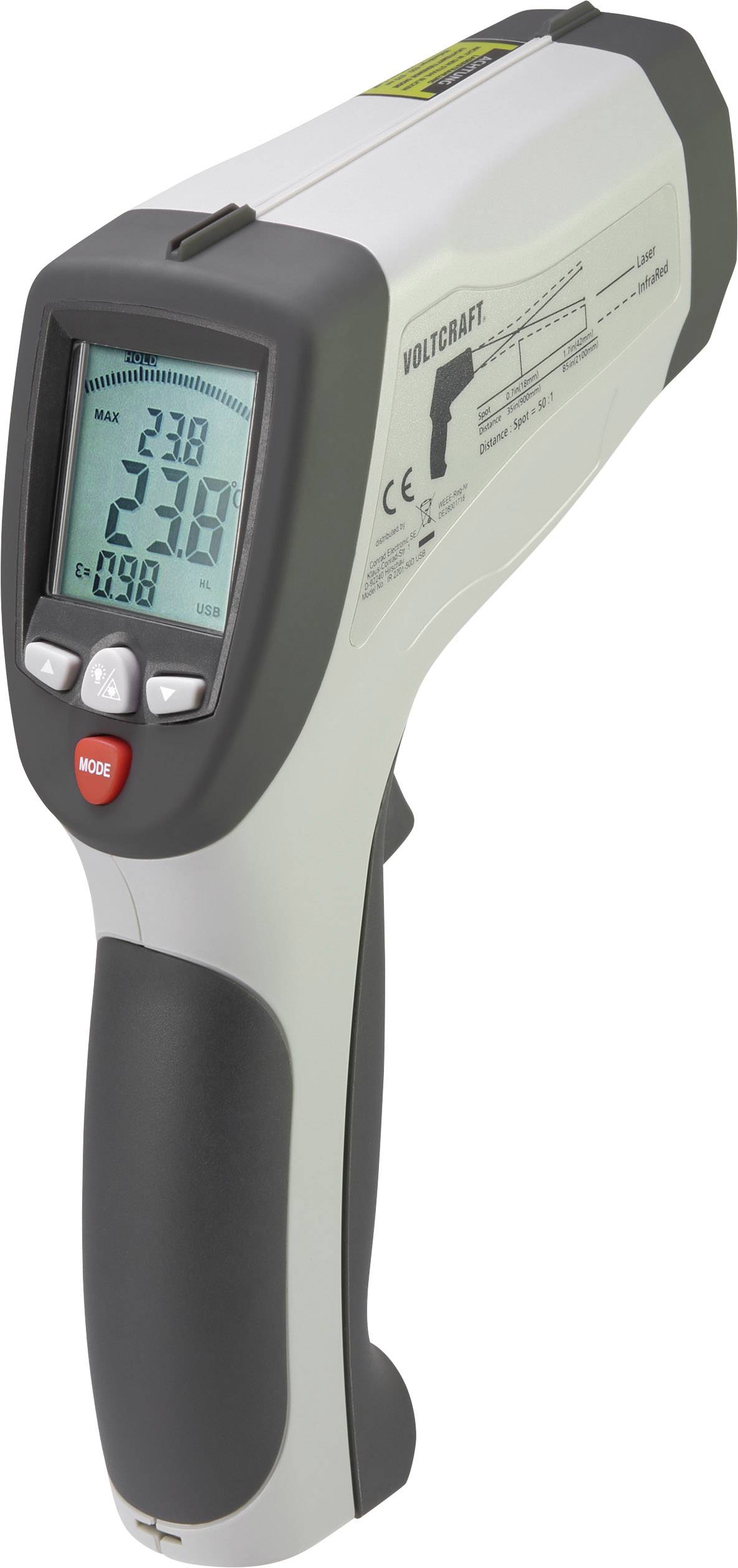 Infrarood-thermometer met lcd-display toont 23,8°C en -3,8°C. Apparaat heeft laserfunctie, behuizing in grijze kleur en rode modusknop.