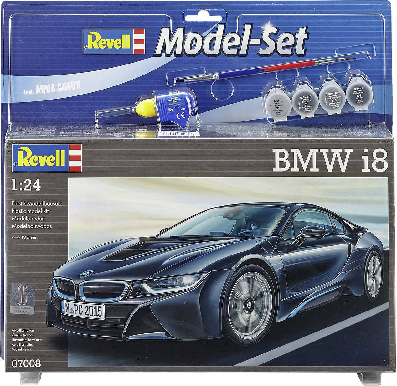 Revell modelset BMW i8 in schaal 1:24. Bevat verf, lijm en penselen. Verpakking toont het afgewerkte model van een BMW i8.