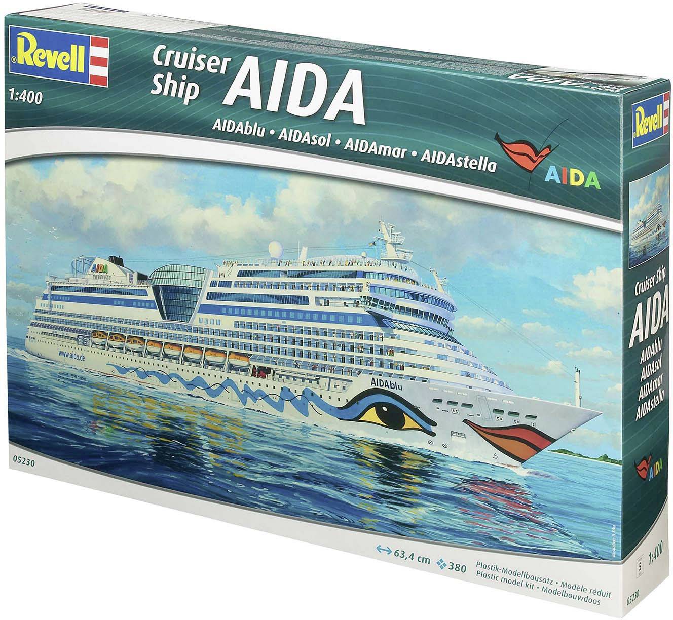 Kartonnen model van een cruiseschip uit de AIDA-reeks. Toont het schip op een blauwe achtergrond met merklogo en verpakkingsgegevens.