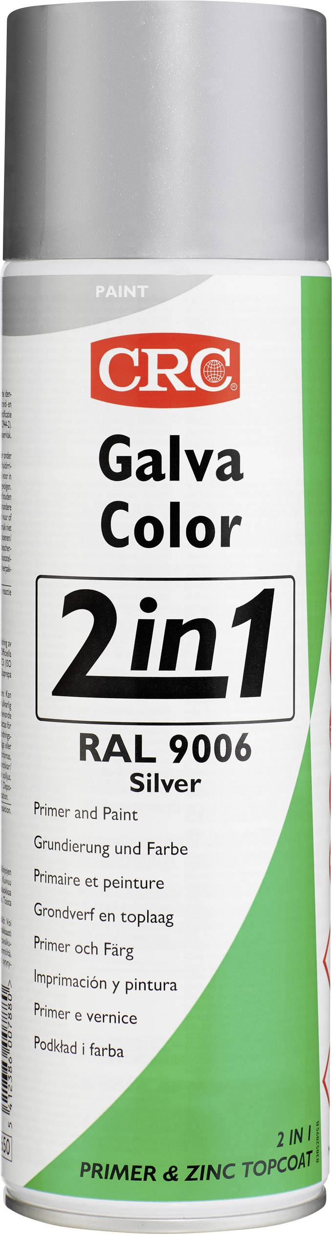 Zilveren spuitbus 'CRC Galva Color 2 in 1 RAL 9006', grondverf en kleur in één.