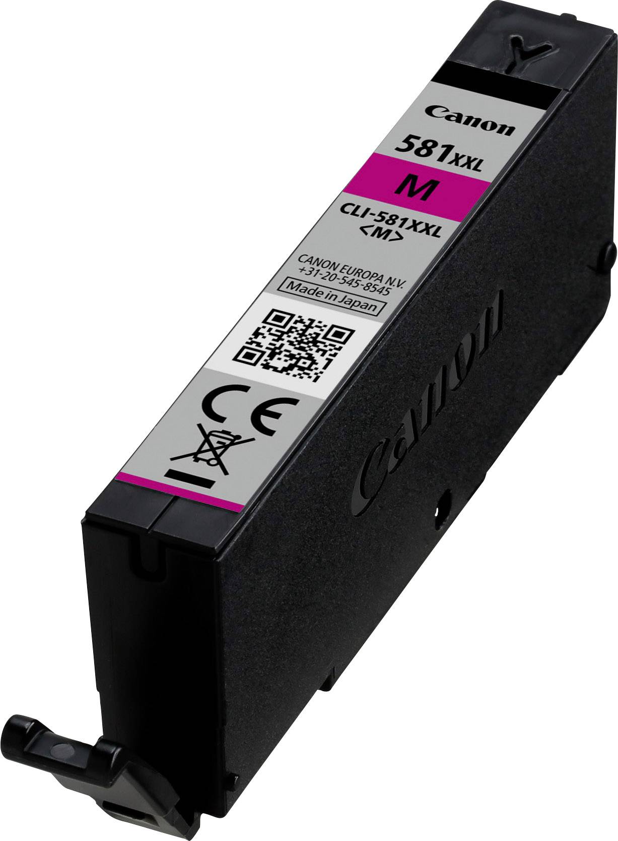 Canon CLI-581XXL inktcartridge in Magenta, XXL-capaciteit, geschikt voor fotoprinten. Bevat informatie over modelnummer en herkomst.