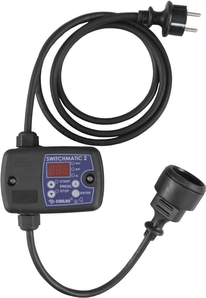 Elektronische drukschakelaar 'Switchmatic 2' voor het besturen van waterpompen, met digitaal display en stekkerverbindingskabel.