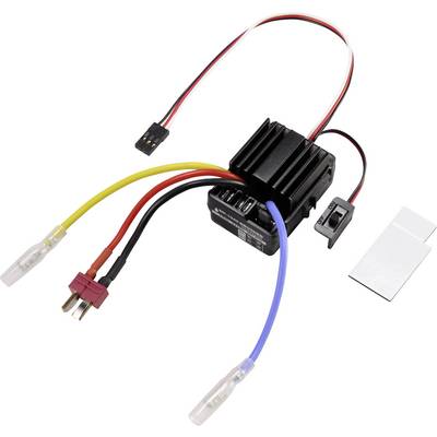 'Elektrische besturings-eenheid met kabels in rood, zwart, geel en blauw, stekker, schakelaar en warmteafvoer. Gebruikt in RC-modellen.'