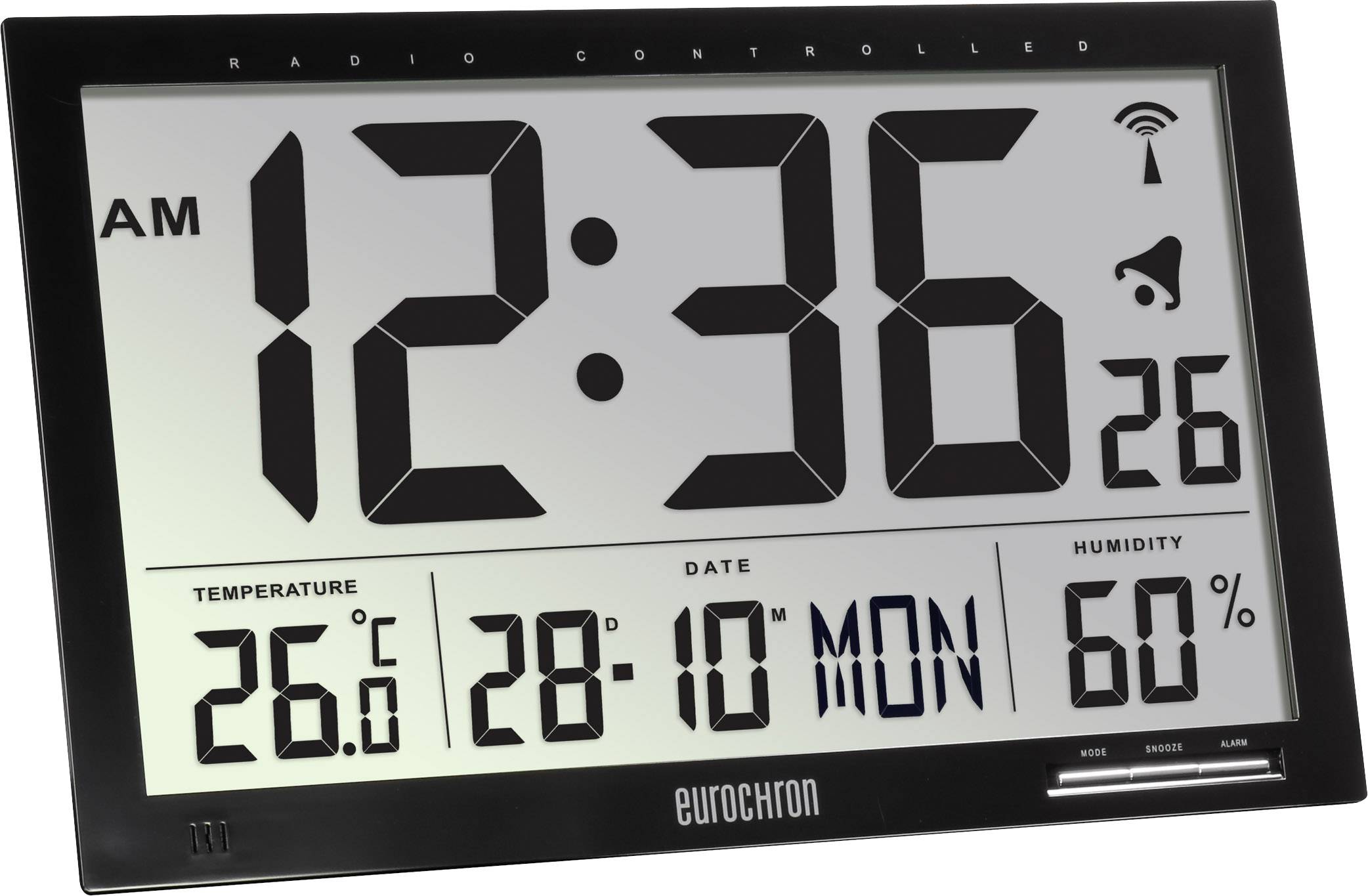 Een digitale radiowekker toont de tijd 12:36, met datum '28/10 MON'. Temperatuur: 26°C, luchtvochtigheid: 60%.