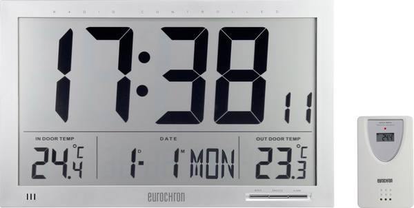 Eurochron EFWU Jumbo 102 Wandklok Zendergestuurd 37 cm x 23 cm x 3 cm Zilver