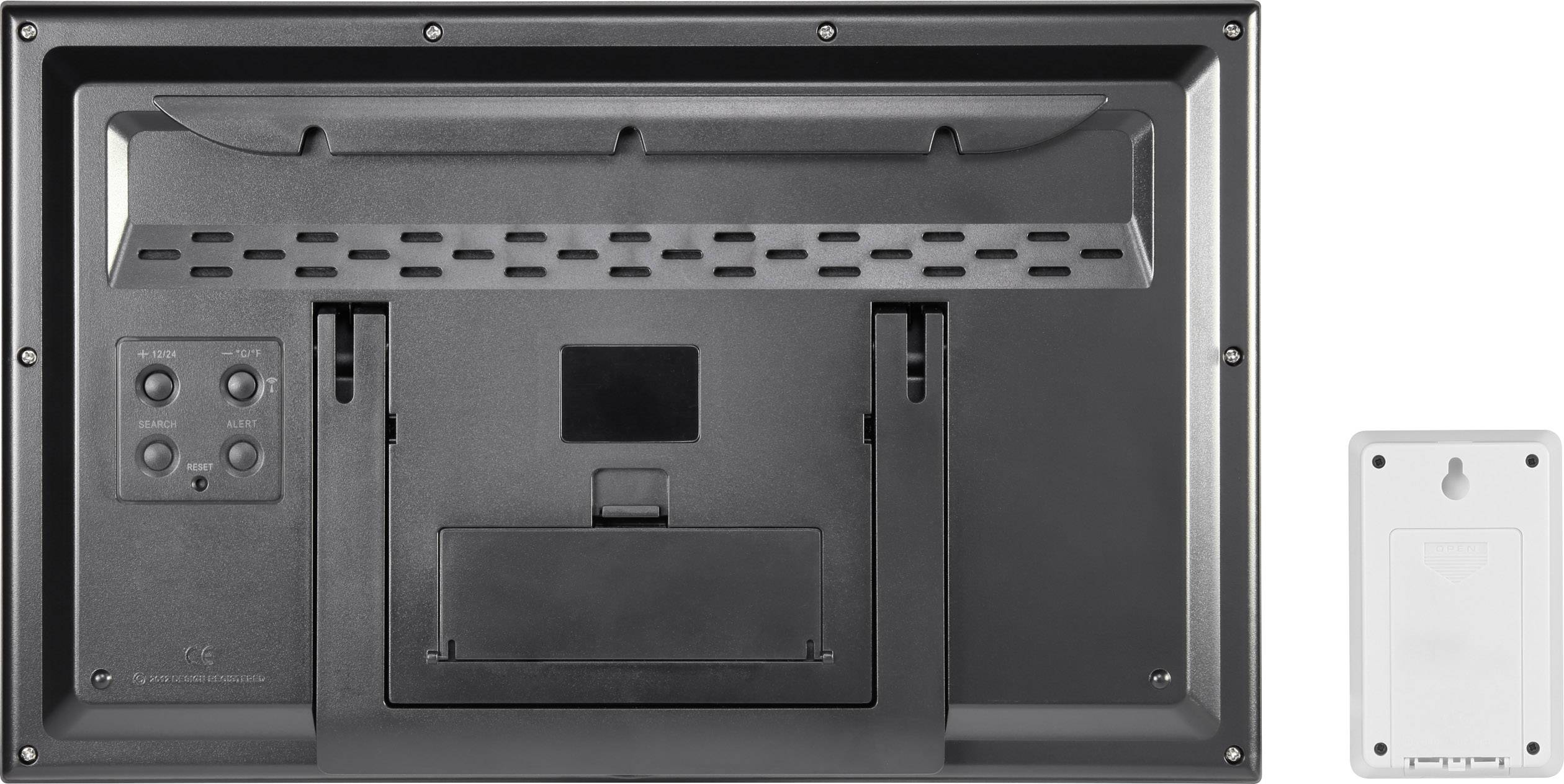 Achteraanzicht van een elektronisch apparaat met wandmontage. Links bevinden zich vier knoppen voor bediening. Rechts is een afdekking zichtbaar.