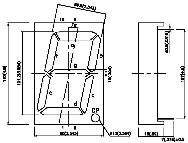 Technische tekening van een 7-segment display met afmetingen. Toont segmentaanduidingen a-g en DP-punt; maten in millimeters weergegeven.