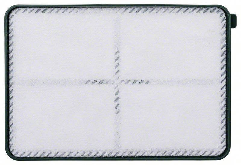 Een rechthoekige, witte luchtfilter met een dunne rand, met diagonale markeringen.