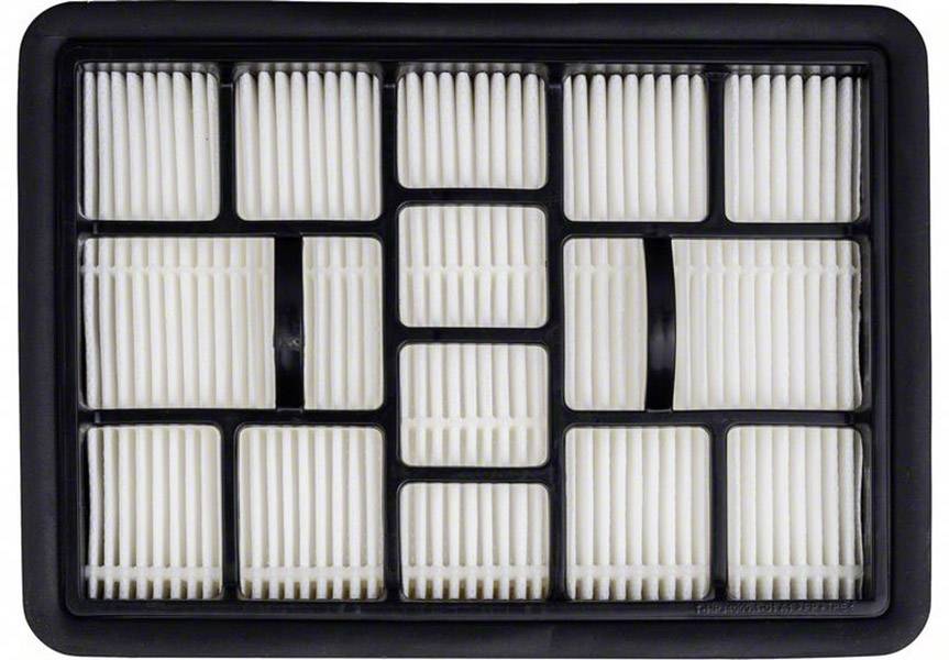 Rechthoekige HEPA-filter met witte plooien, zwarte rand; gebruikt voor luchtzuivering in apparaten zoals stofzuigers of luchtreiniger.