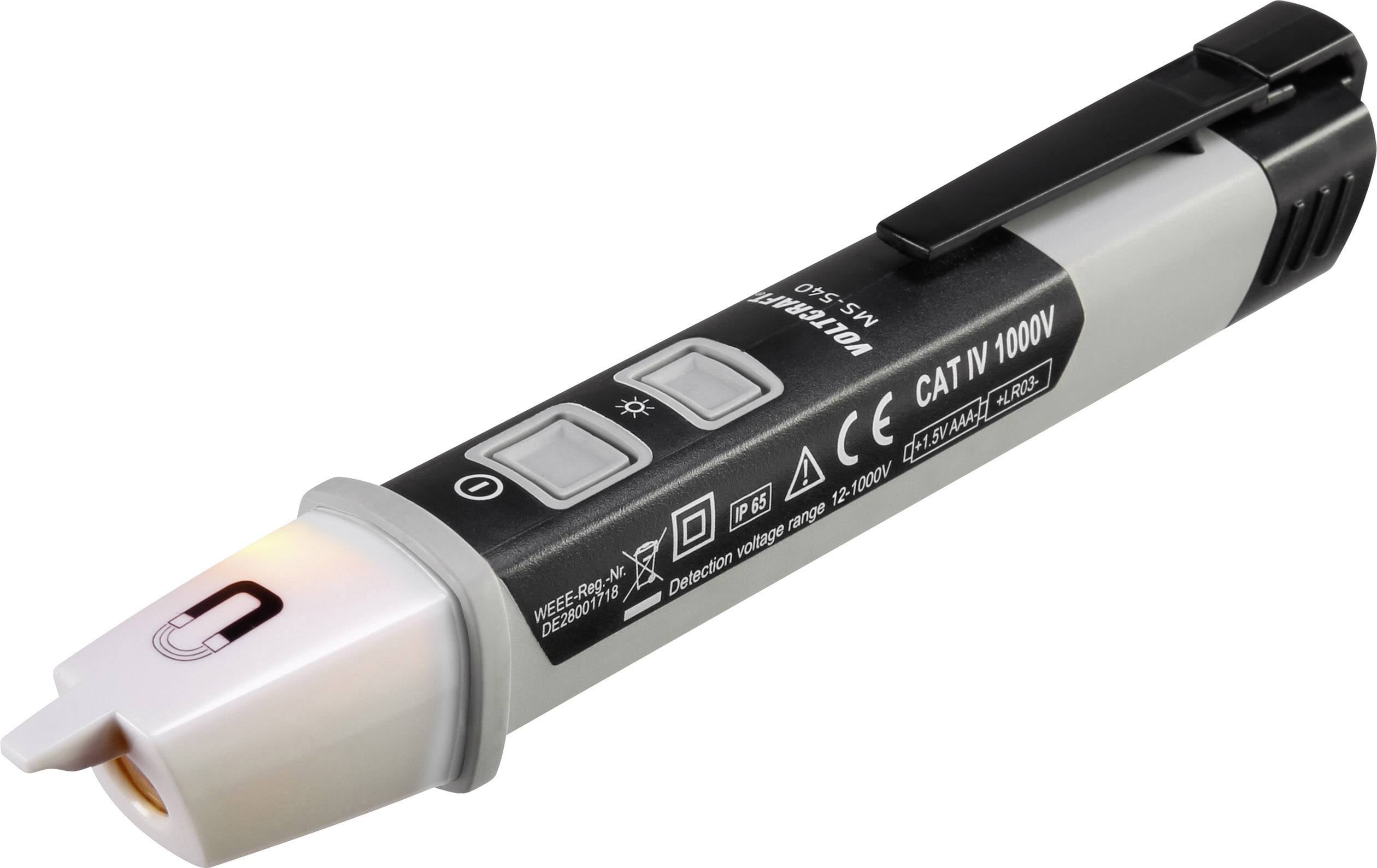 Spanningzoeker met LED-indicatie, zwarte behuizing, opdrukken met technische specificaties, geschikt voor spanningsdetectie tot 1000V.