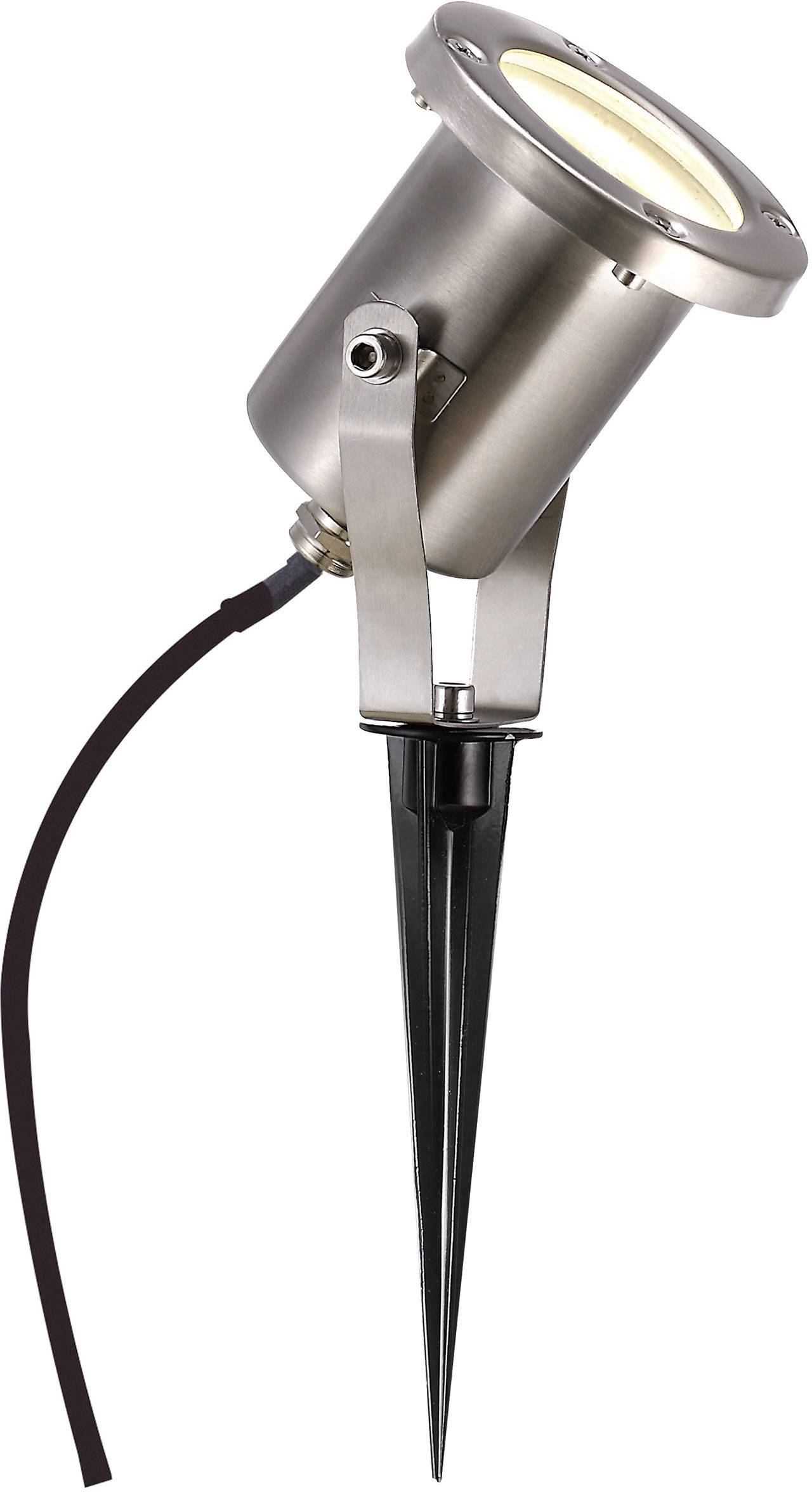 Metalen buitenlamp met grondpen, cilindrische vorm, LED-verlichting bovenaan, geschikt voor tuinverlichting.
