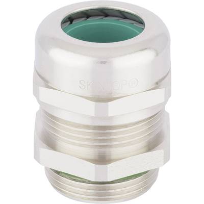 Metalen kabelwartel met groene afdichtingsring, cilindrische vorm, geschikt voor elektrische kabels, zilverkleurig, robuust ontwerp.