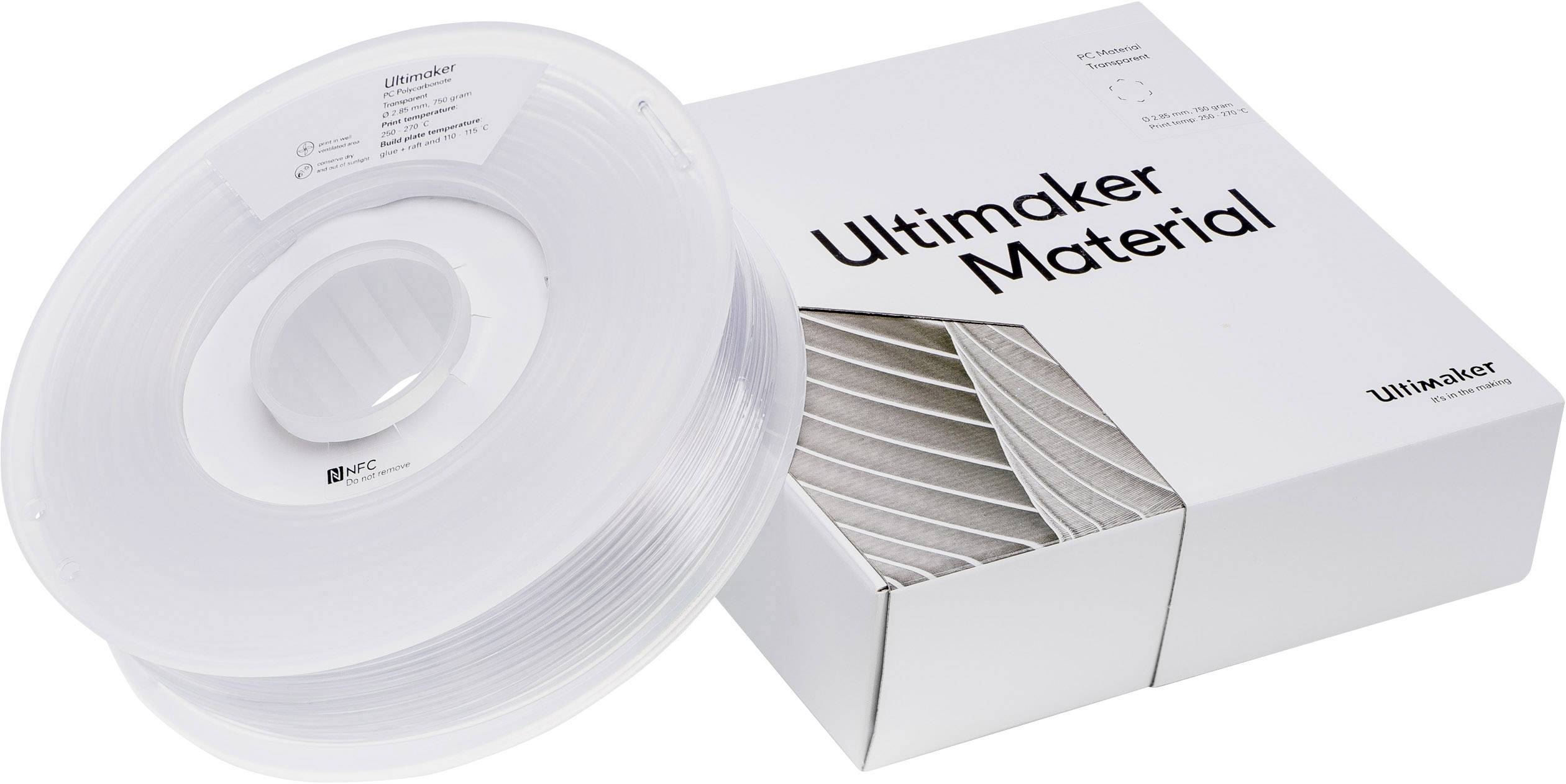 Witte PETG-filamentspoel van Ultimaker naast een witte verpakking met de tekst 'Ultimaker Material'.