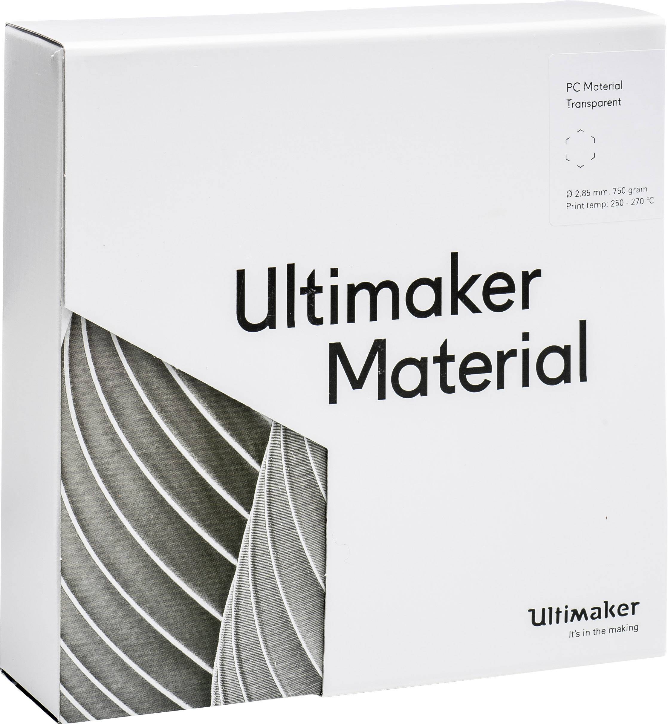 Verpakking van 'Ultimaker Materiaal' voor 3D-printers, transparant PC-materiaal, 2,85 mm diameter, printtemperatuur 250-270 °C.