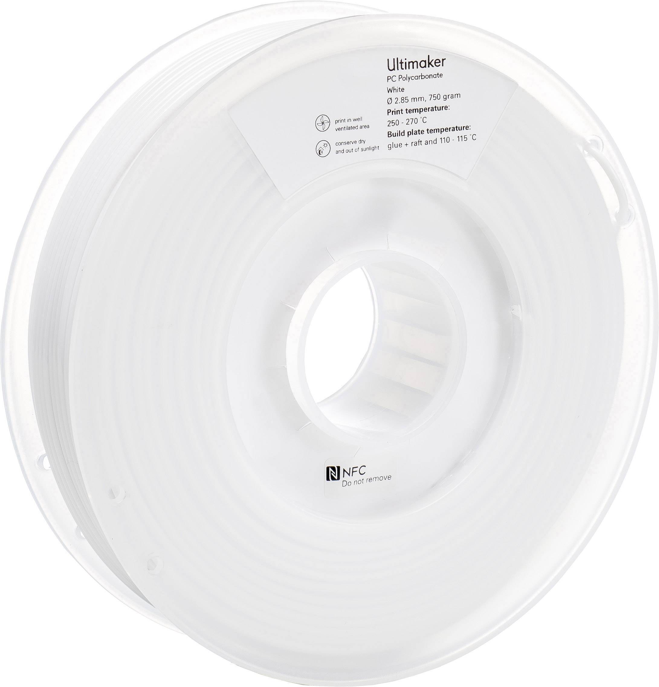 Witte filamentspoel voor 3D-printer, merk Ultimaker, voornamelijk vervaardigd uit polycarbonaat, 2,85 mm diameter, 750 gram.