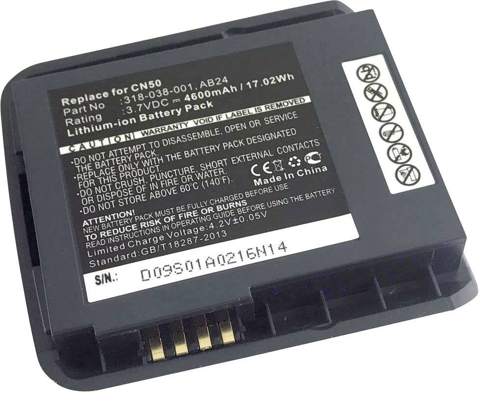 Lithium-ion batterij met 3,7V en 4600mAh. Waarschuwingen op het etiket: Niet uit elkaar halen, beschermen tegen vuur.