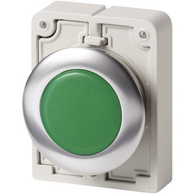 Grote groene drukknop in een wit behuizing, vaak gebruikt voor het activeren van een apparaat of als noodschakelaar.