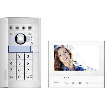Intercom met camera en scherm. Links: Toetsenbord met luidspreker en camera. Rechts: Monitor met afbeelding van een glimlachende persoon.
