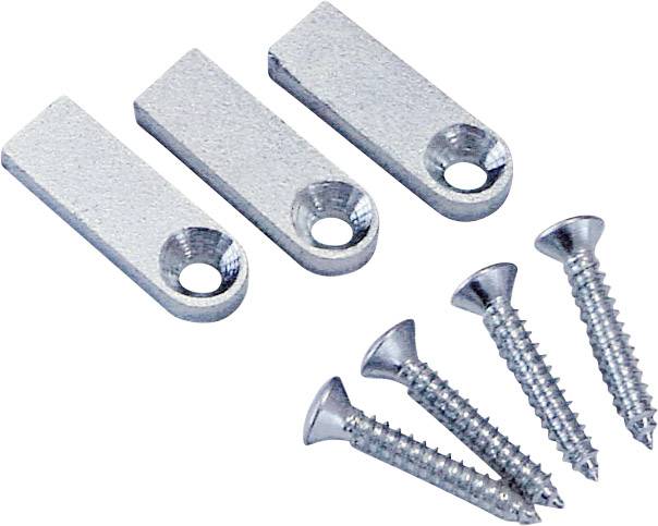 Drie rechthoekige metalen platen met gaten en vier zilveren schroeven.