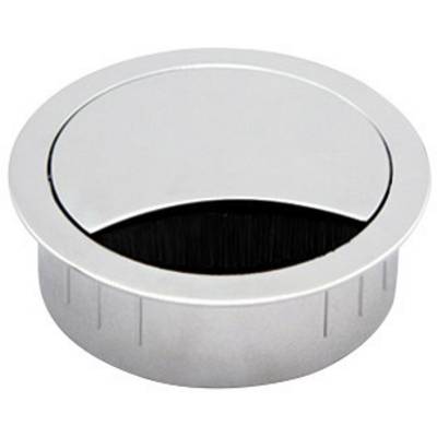 Metalen kabelinvoer voor bureau met borstenafdichting, geschikt voor nette kabelgeleiding door bureau- of tafelbladen.