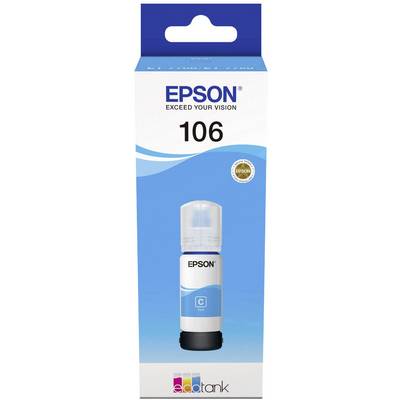 Verpakking van een Epson 106 Cyaan inktfles, Ecotank-serie, met logo en opschrift 'Exceed Your Vision' op een blauwe achtergrond.