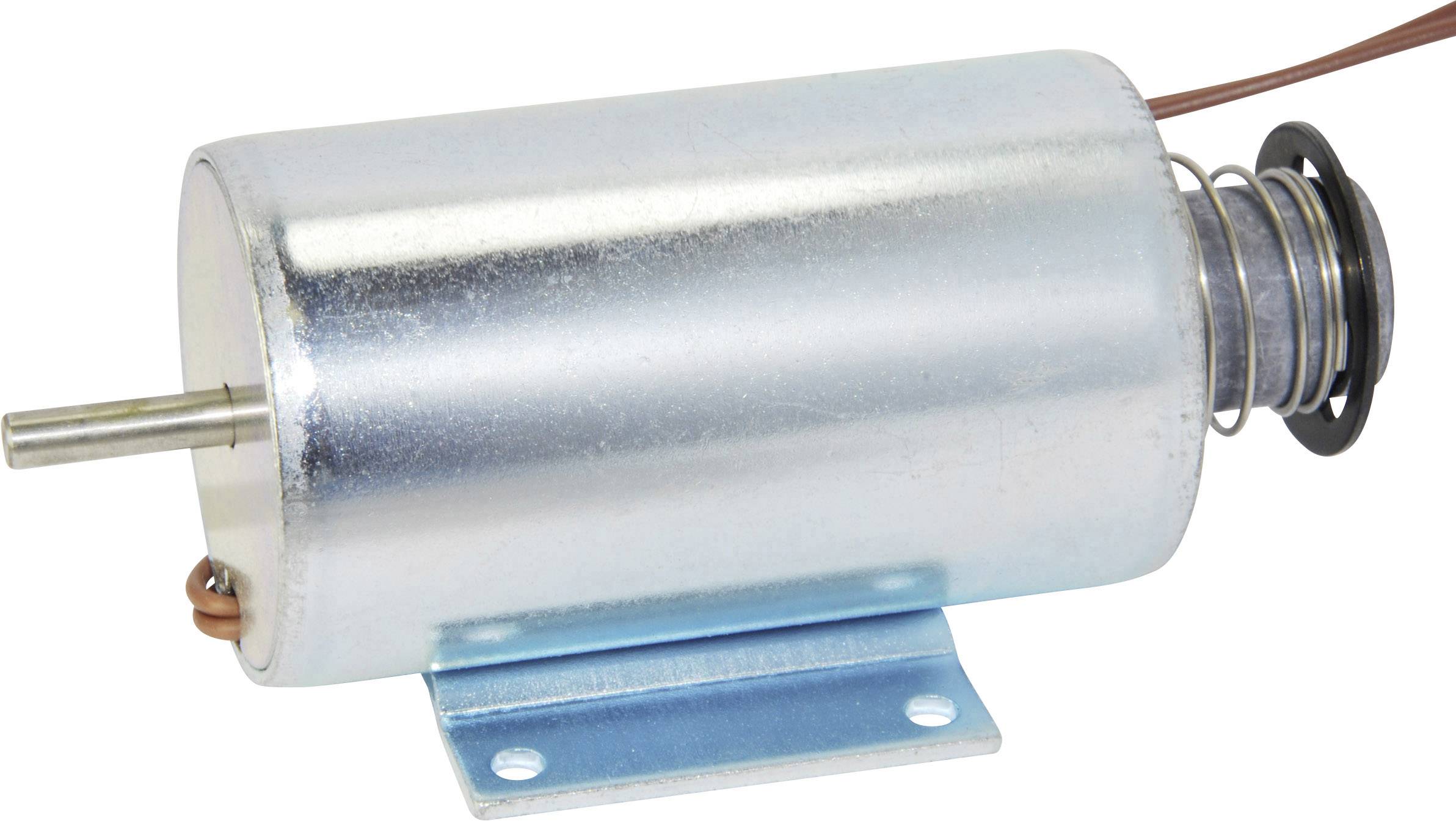 Een cilindrische elektromagneet met metalen behuizing, draadaansluiting en beweegbare metalen pen, tegen een witte achtergrond.
