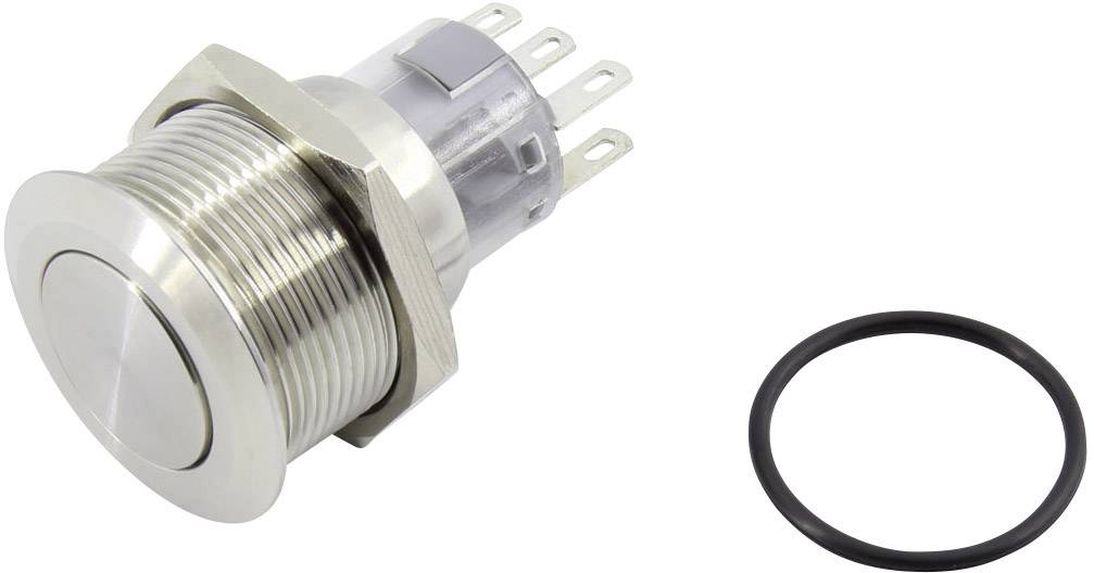 Metalen schakelaar met schroefdraad en drukknop, naast hem een zwarte afdichtingsring. Geschikt voor elektrische toepassingen.