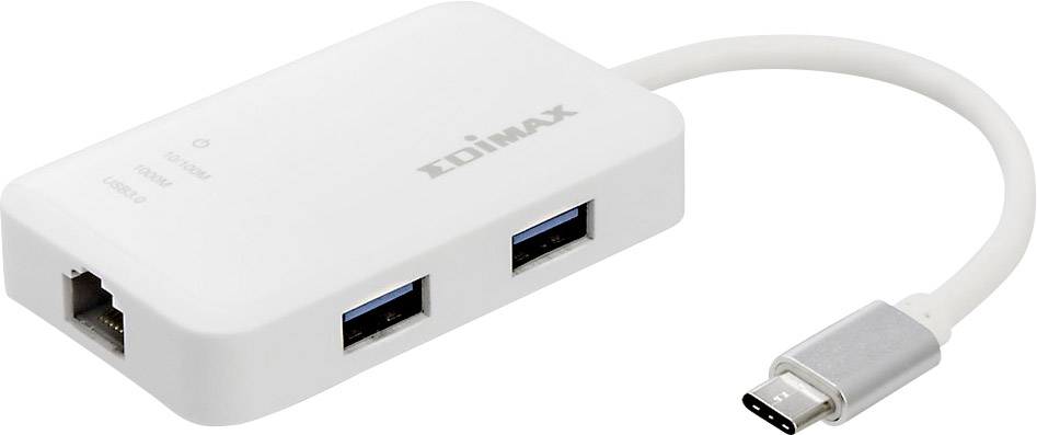 Een witte USB-C-adapter met drie USB-poorten en één Ethernet-poort, geschikt voor aansluiting op laptops of tablets.