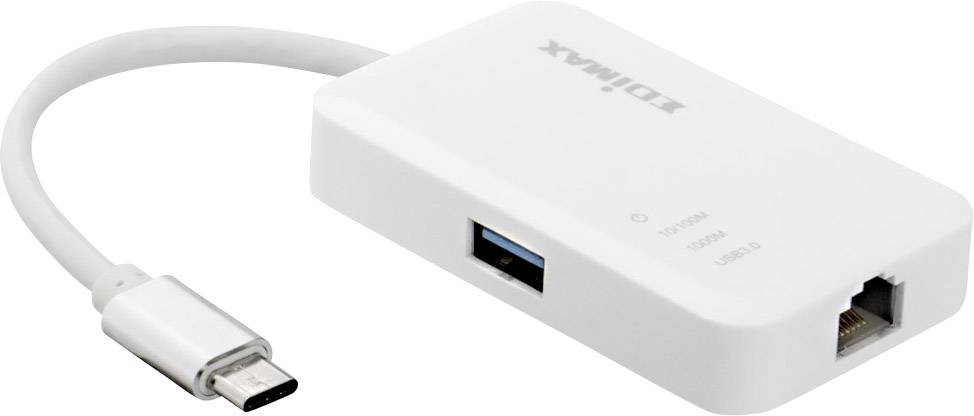 Een USB-C naar Ethernet-adapter in het wit met extra USB-poorten.