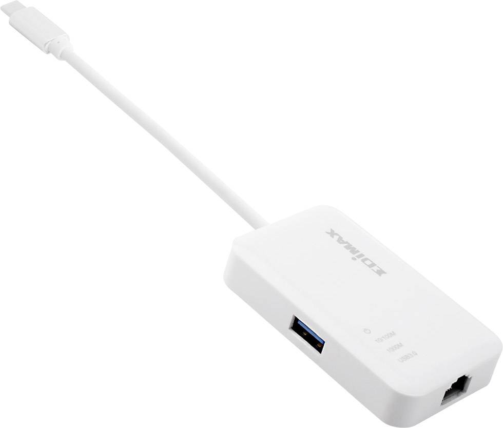Witte USB-C-adapter met Ethernet-aansluiting en USB-poort, met 'EDIMAX' modelnaam op het oppervlak. Ideaal voor netwerkverbinding.