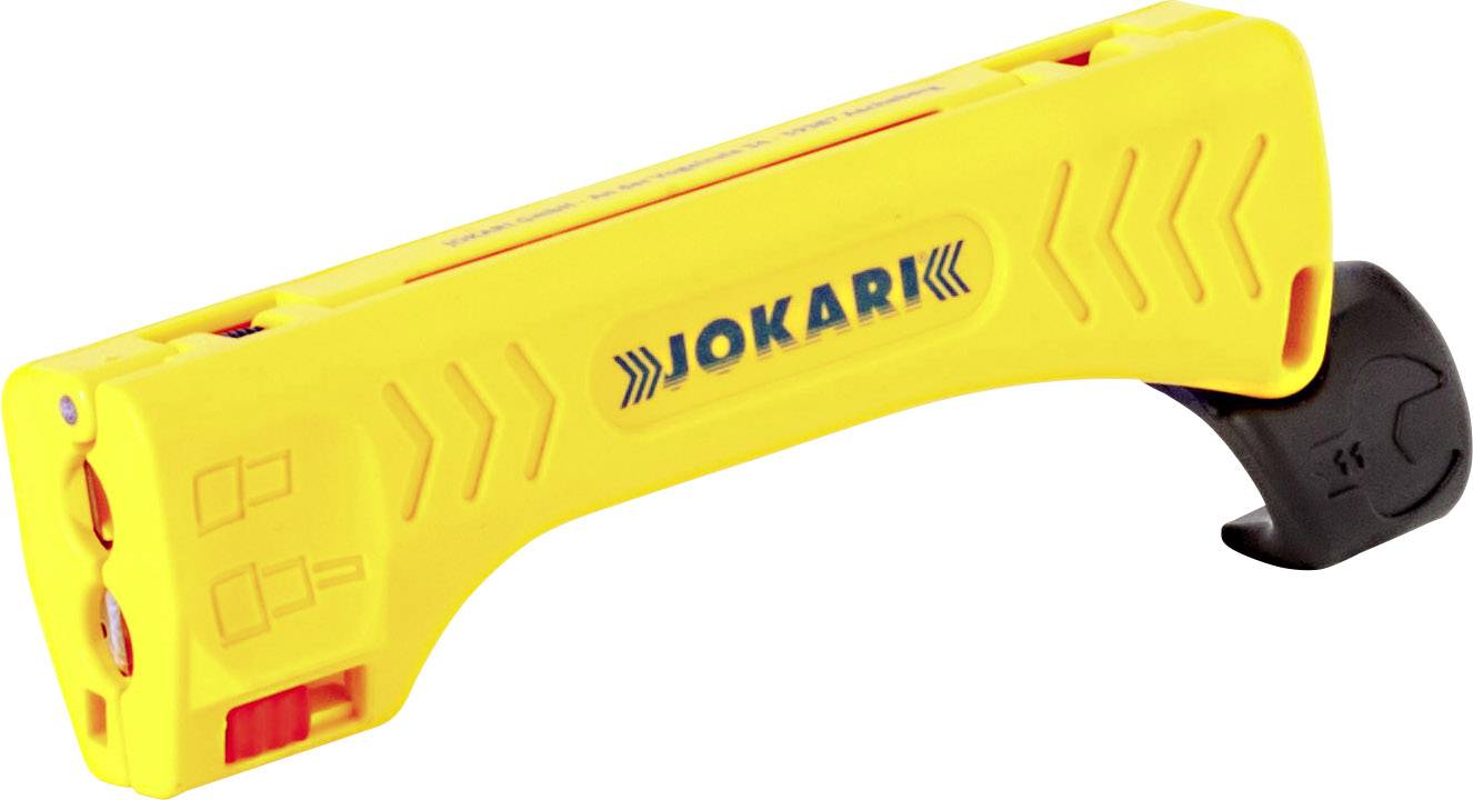 Een geel striptang met het opschrift 'Jokari', dat wordt gebruikt voor het nauwkeurig strippen van kabels.