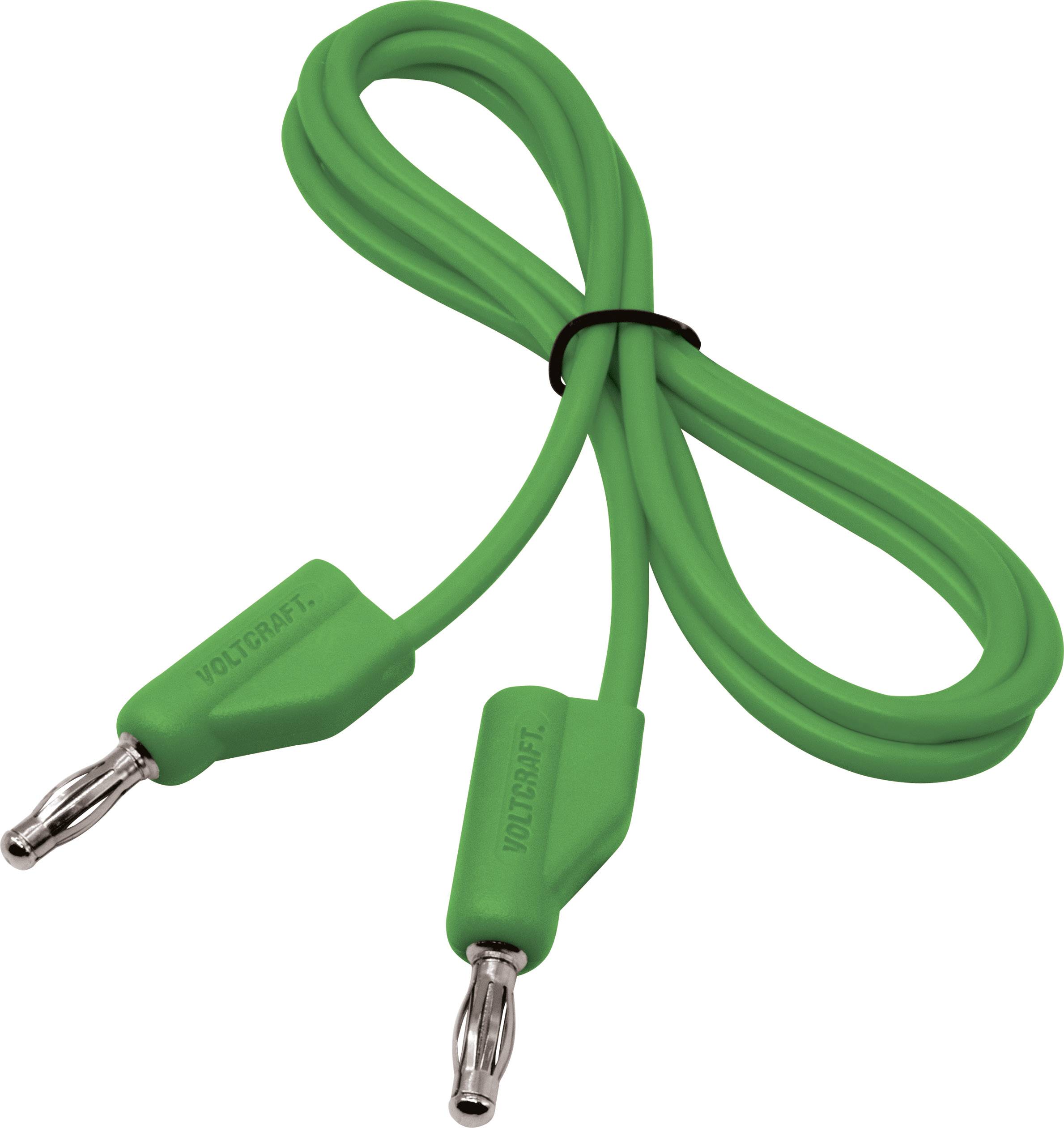 Groen kabel met twee bananenstekkers, geschikt voor elektrische verbindingen of meetapparatuur, op een witte achtergrond.