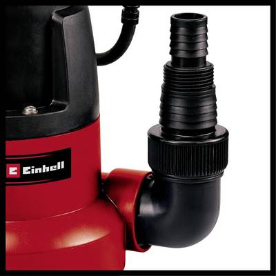 Elektrische pomp met een rood behuizing en zwarte aansluiting. Merk-logo 'Einhell' zichtbaar op de pomp.