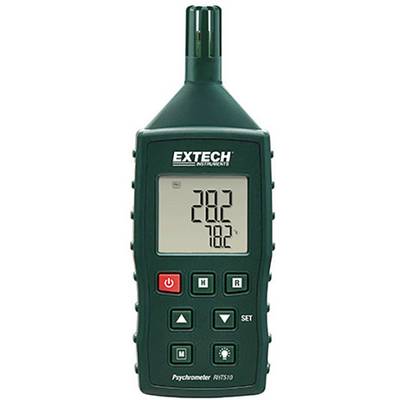 Een groene digitale thermometer met display toont '28,2' graden Celsius en '78,2' procent luchtvochtigheid.