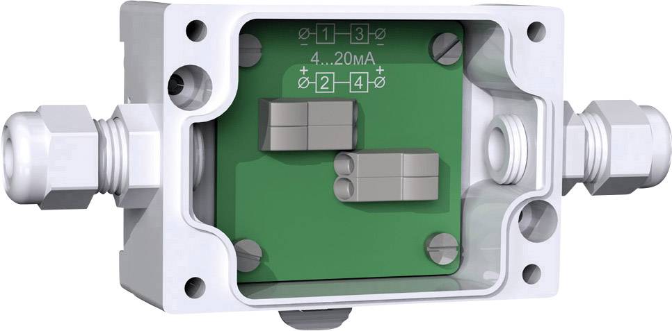 Behuizing van een elektrisch verbindingsmodule met groene binnenruimte, twee aansluitblokken en aansluitstekkers aan de zijkanten.