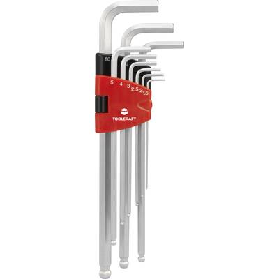 Een set inbussleutels in verschillende maten van 1,5 mm tot 10 mm, met een rode houder van TOOLCRAFT.