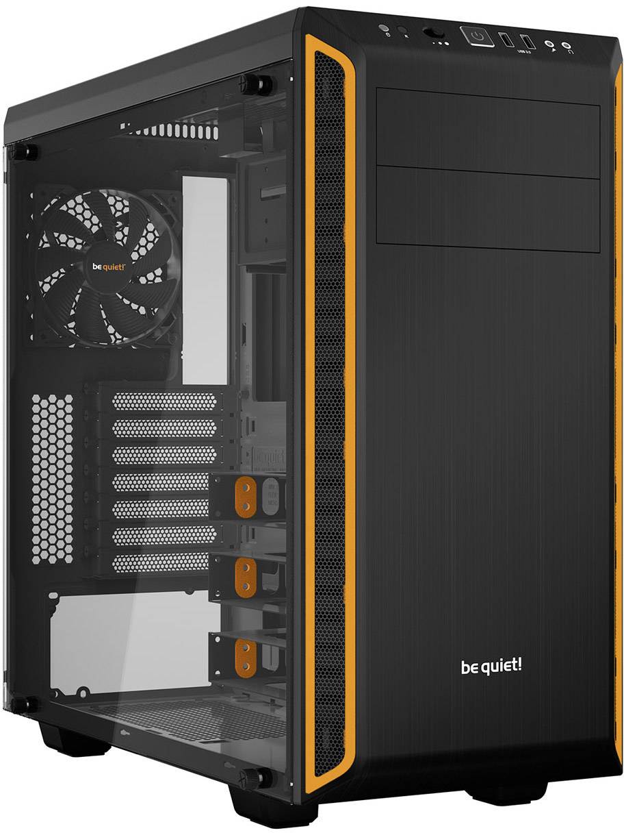 Zwart computerbehuizing met glazen zijpaneel, oranje accentlijnen, ventilator aan de achterkant, veel uitbreidingssleuven. Markering: 'be quiet!' op de voorkant.