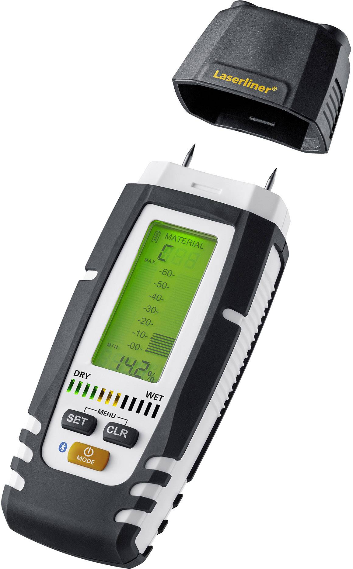 Vochtigheidsmeter met digitaal display toont vochtigheidswaardes. Zwarte afdekking zweeft boven het apparaat.