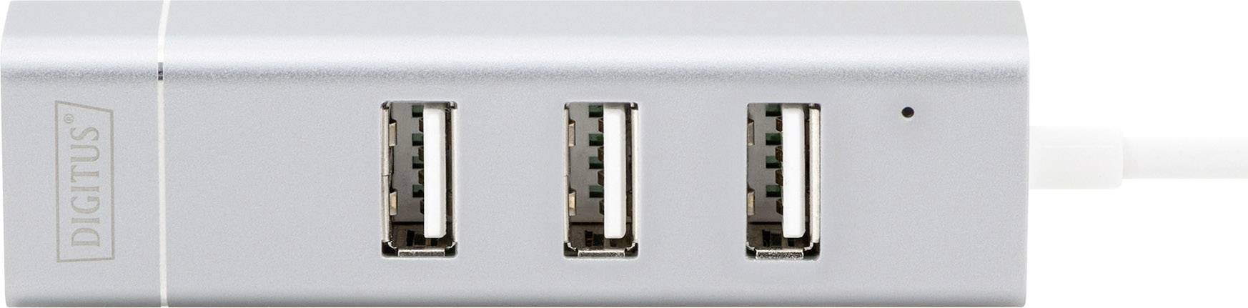 Een zilveren USB-hub met vier USB-poorten, geschikt voor het aansluiten van meerdere apparaten op een computer of oplader.